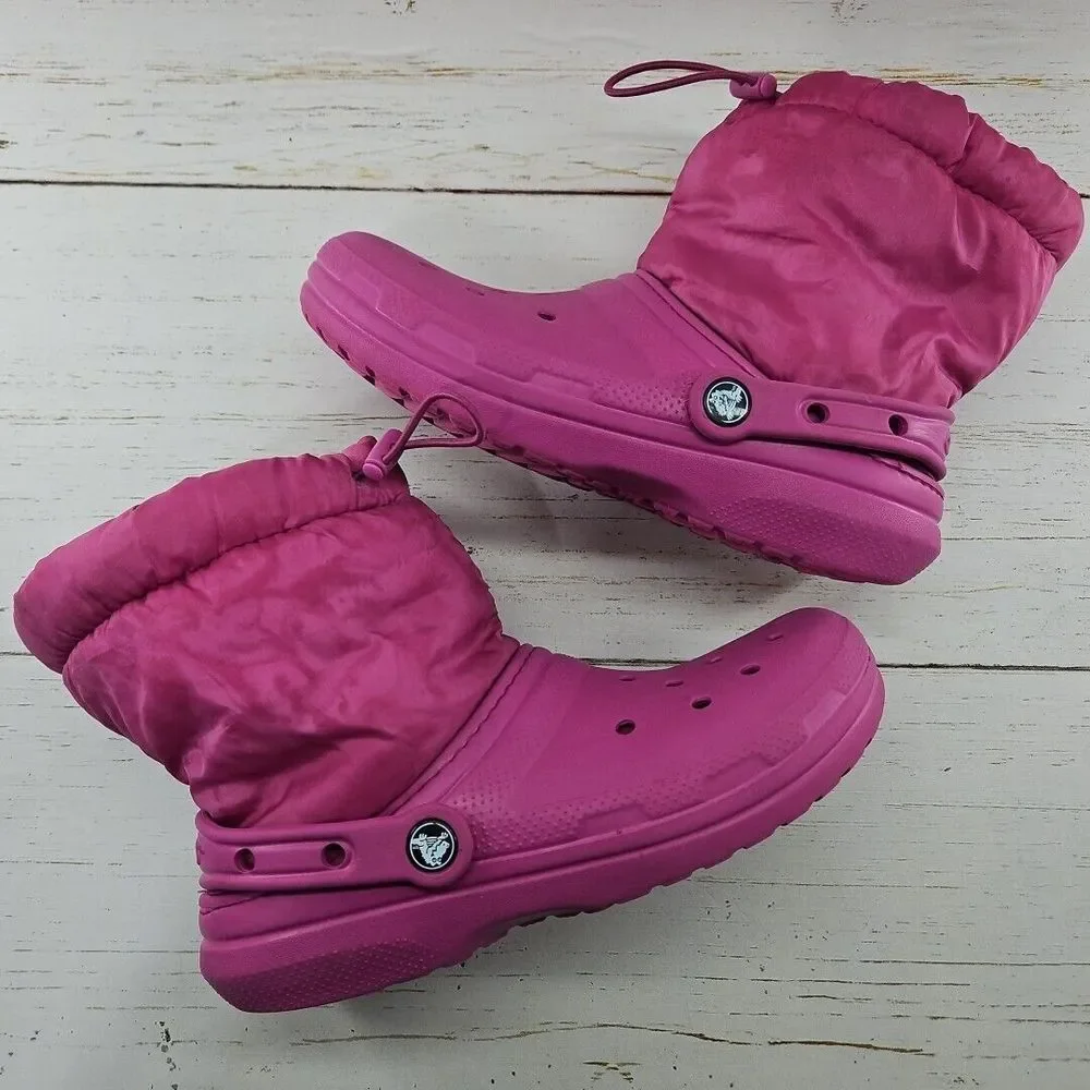 Crocs Neo Puff Boots Pink Youth Size J5 Classic Faux Fur‎ Fleece Lined 207940